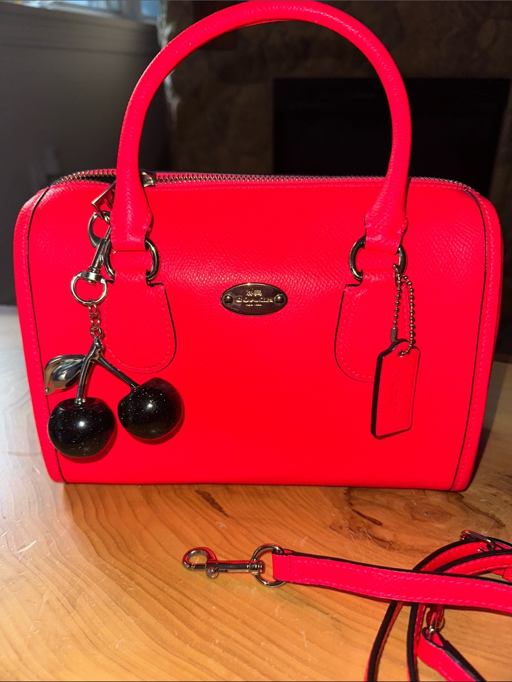 ❤️🖤❤️Coach Neon Pink/Coral Satchel with Black Cherry Charm